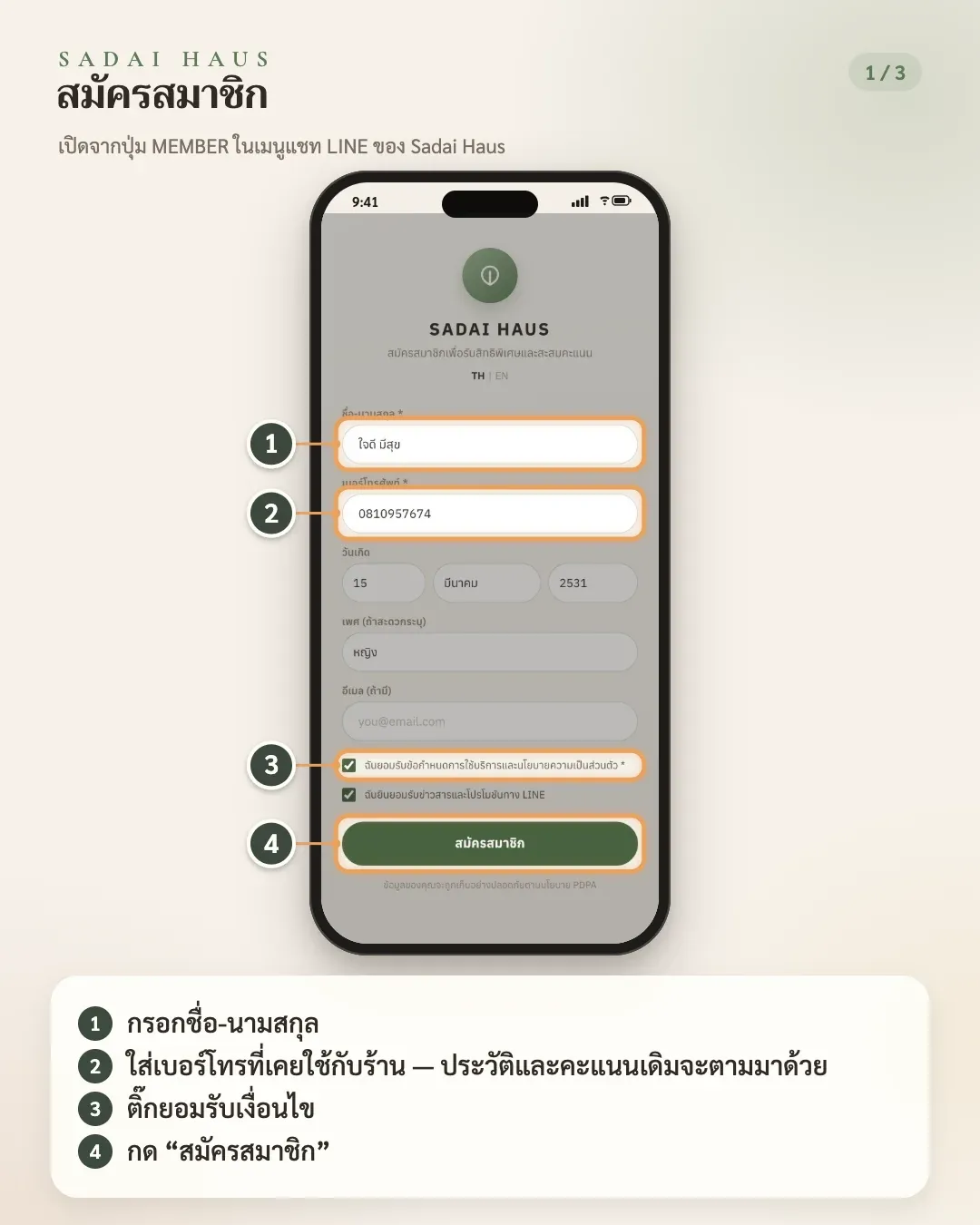 สมัครสมาชิก — ขั้นที่ 1–4: กรอกชื่อ-นามสกุล · ใส่เบอร์โทรที่เคยใช้กับร้าน — ประวัติและคะแนนเดิมจะตามมาด้วย · ติ๊กยอมรับเงื่อนไข · กด “สมัครสมาชิก”