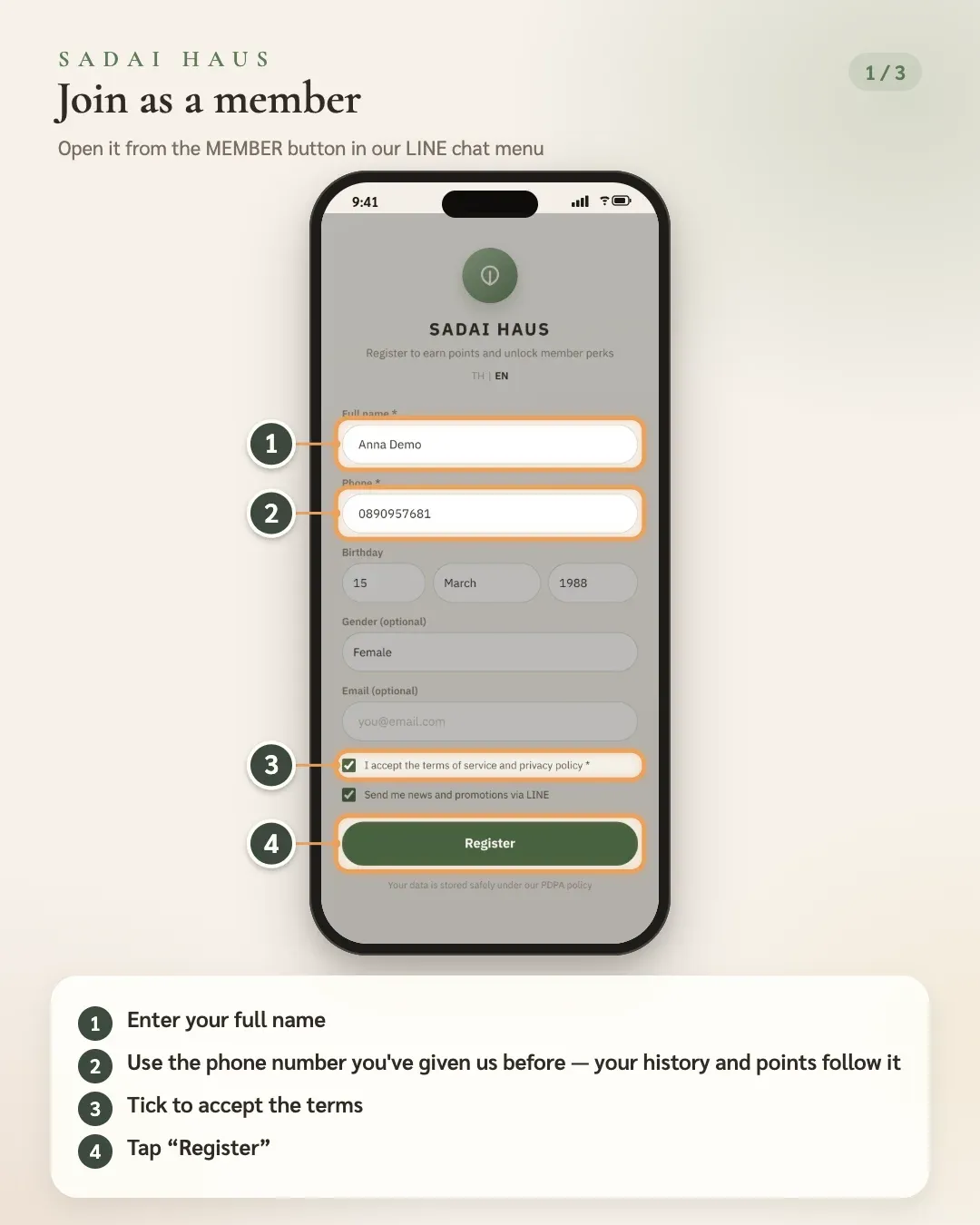 Join as a member — Step 1–4: Enter your full name · Use the phone number you've given us before — your history and points follow it · Tick to accept the terms · Tap “Register”