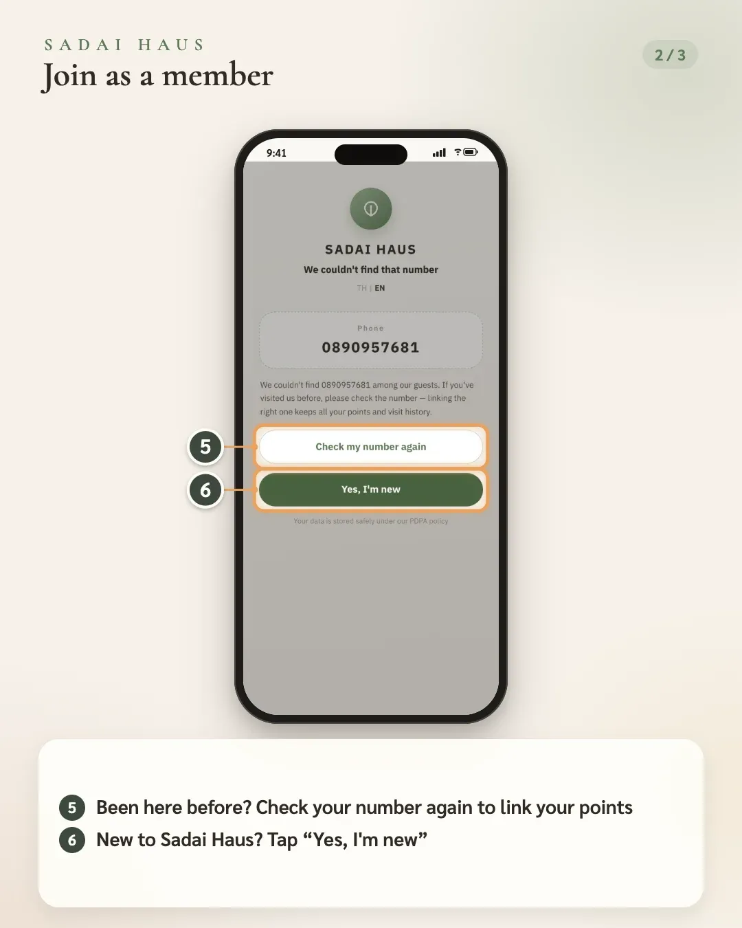 Join as a member — Step 5–6: Been here before? Check your number again to link your points · New to Sadai Haus? Tap “Yes, I'm new”