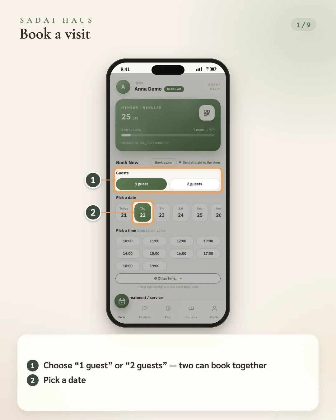Book a visit — Step 1–2: Choose “1 guest” or “2 guests” — two can book together · Pick a date