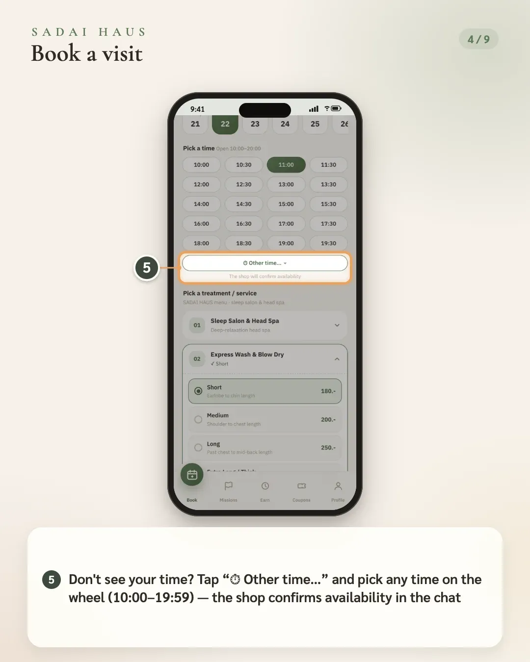 Book a visit — Step 5: Don't see your time? Tap “⏱ Other time…” and pick any time on the wheel (10:00–19:59) — the shop confirms availability in the chat