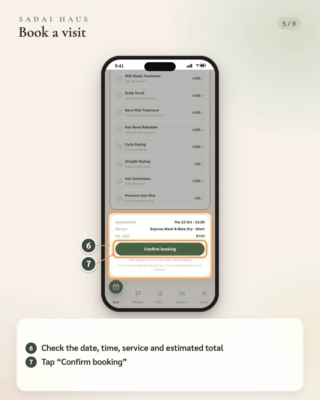 Book a visit — Step 6–7: Check the date, time, service and estimated total · Tap “Confirm booking”