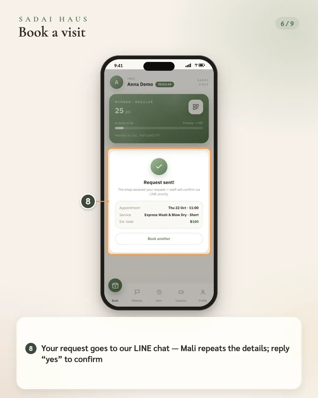 Book a visit — Step 8: Your request goes to our LINE chat — Mali repeats the details; reply “yes” to confirm