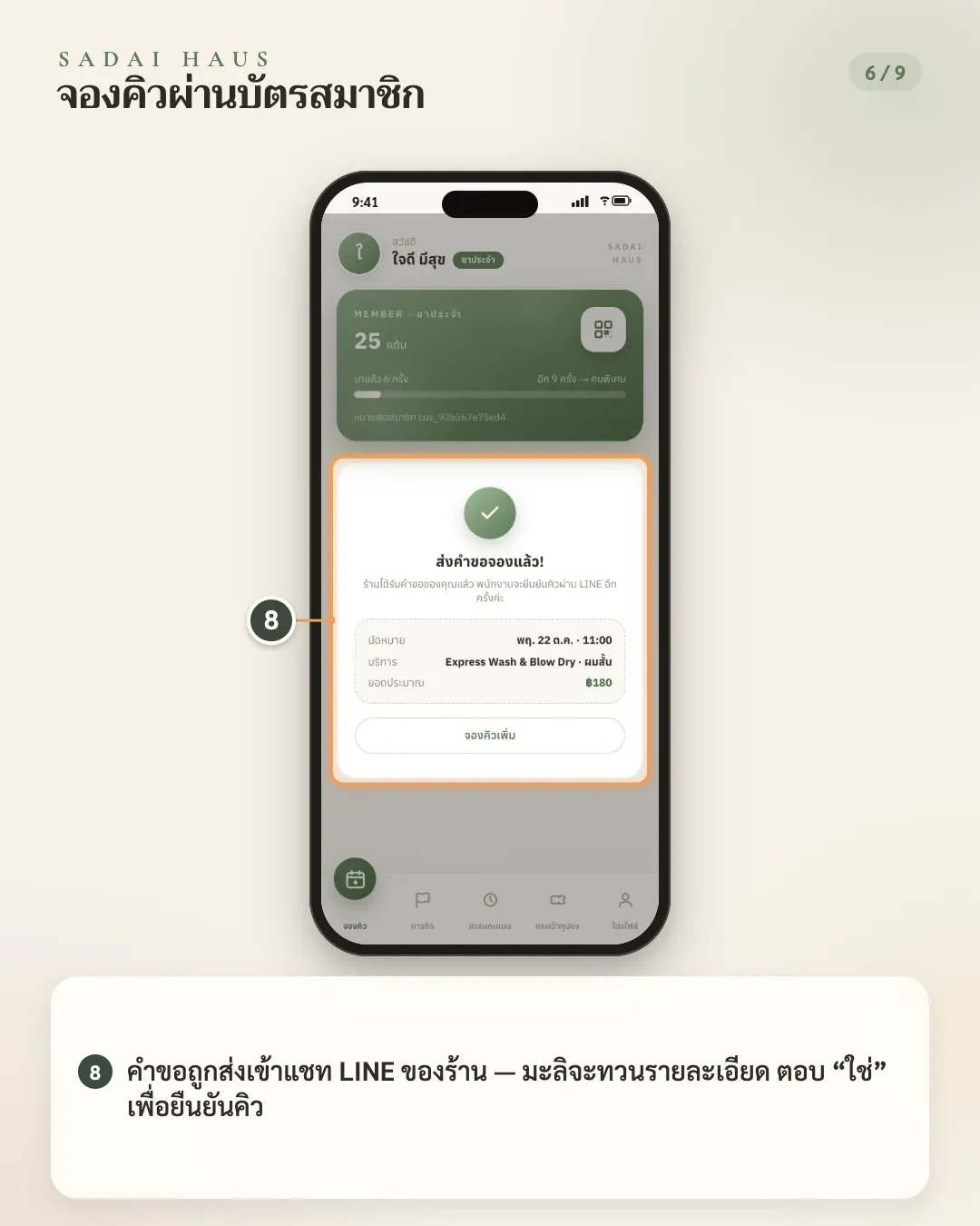 จองคิวผ่านบัตรสมาชิก — ขั้นที่ 8: คำขอถูกส่งเข้าแชท LINE ของร้าน — มะลิจะทวนรายละเอียด ตอบ “ใช่” เพื่อยืนยันคิว