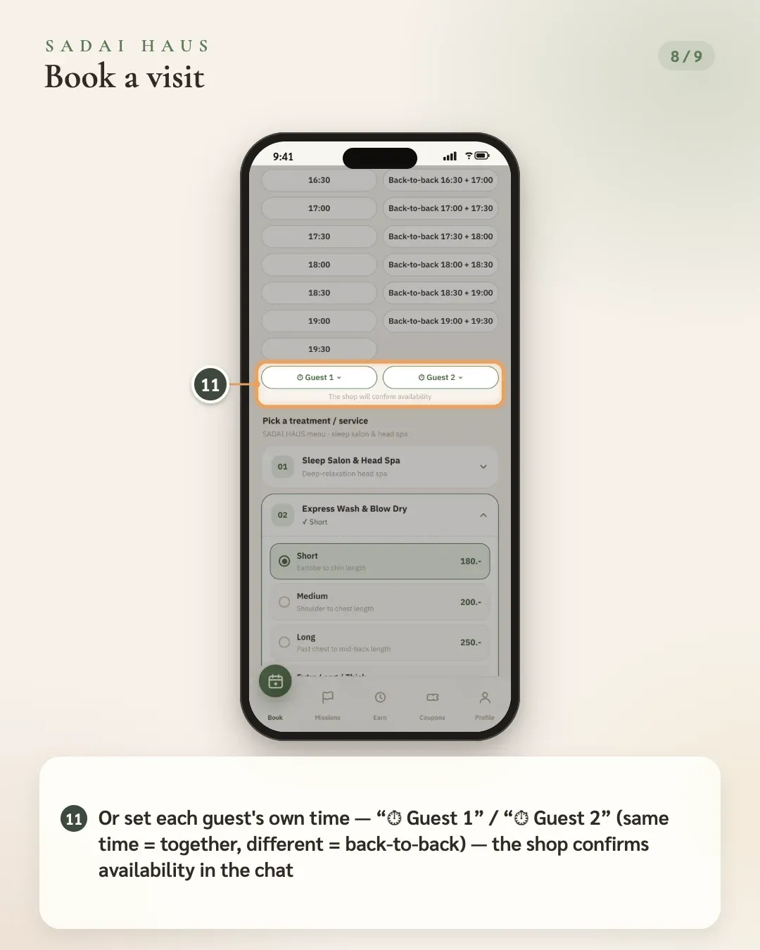Book a visit — Step 11: Or set each guest's own time — “⏱ Guest 1” / “⏱ Guest 2” (same time = together, different = back-to-back) — the shop confirms availability in the chat