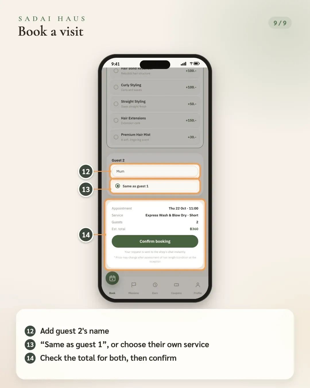 Book a visit — Step 12–14: Add guest 2's name · “Same as guest 1”, or choose their own service · Check the total for both, then confirm