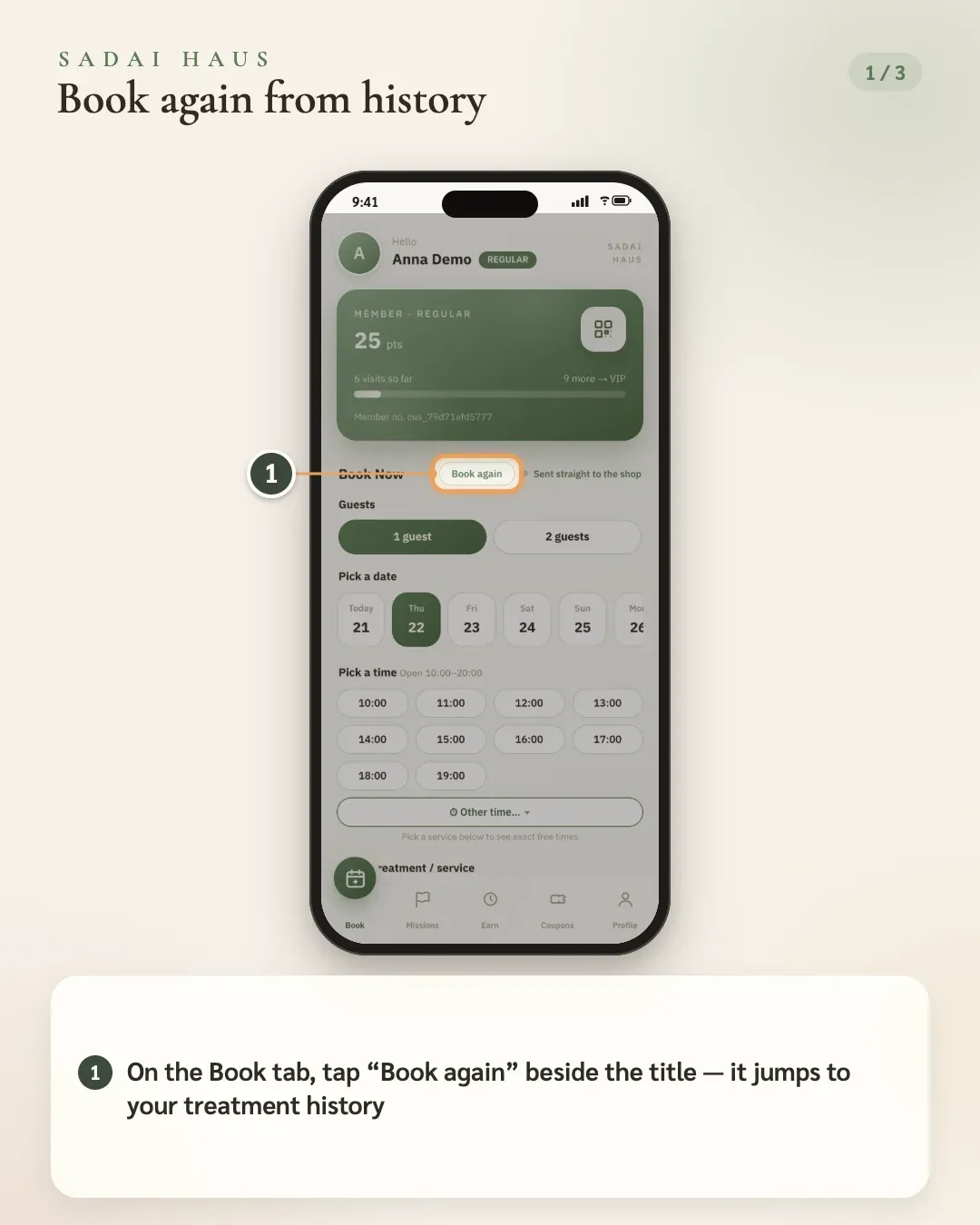 Book again from history — Step 1: On the Book tab, tap “Book again” beside the title — it jumps to your treatment history