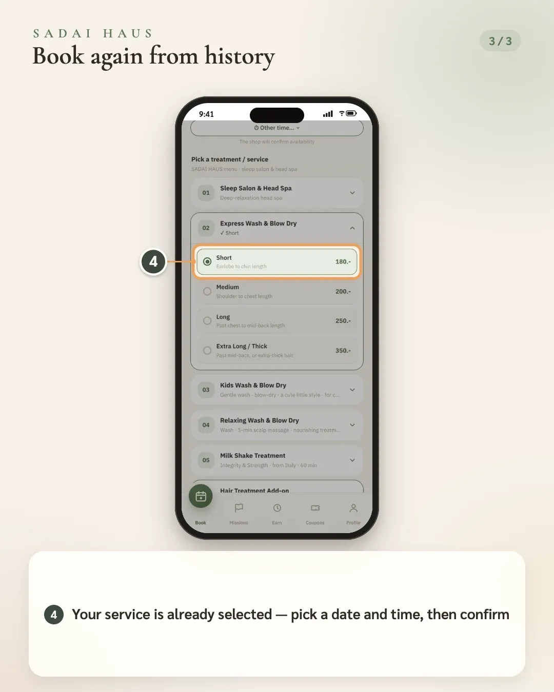 Book again from history — Step 4: Your service is already selected — pick a date and time, then confirm
