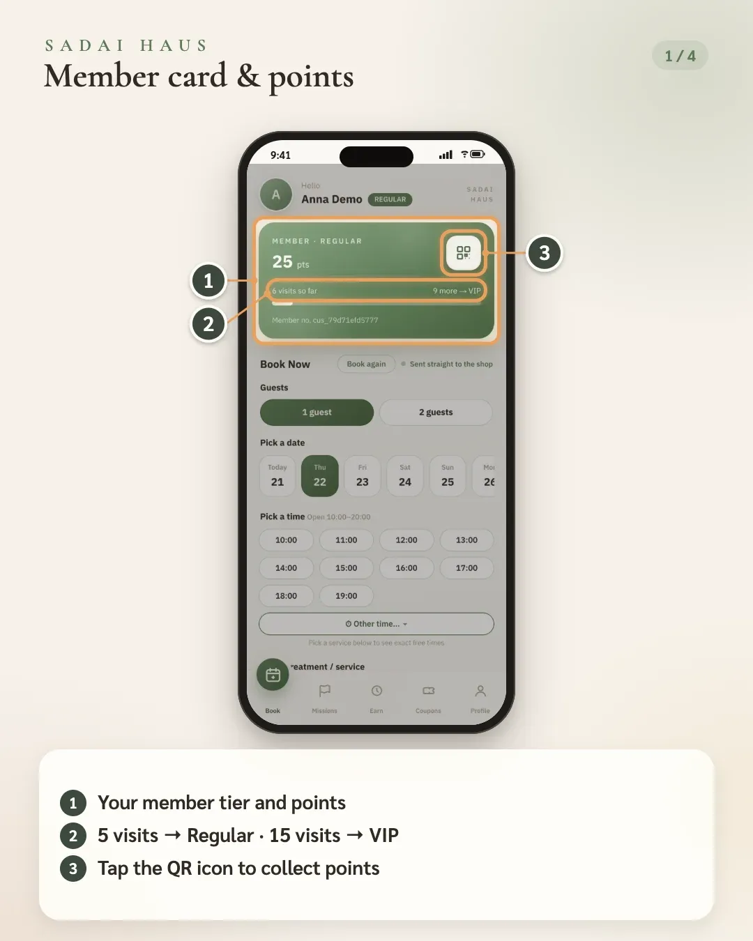 Member card & points — Step 1–3: Your member tier and points · 5 visits → Regular · 15 visits → VIP · Tap the QR icon to collect points