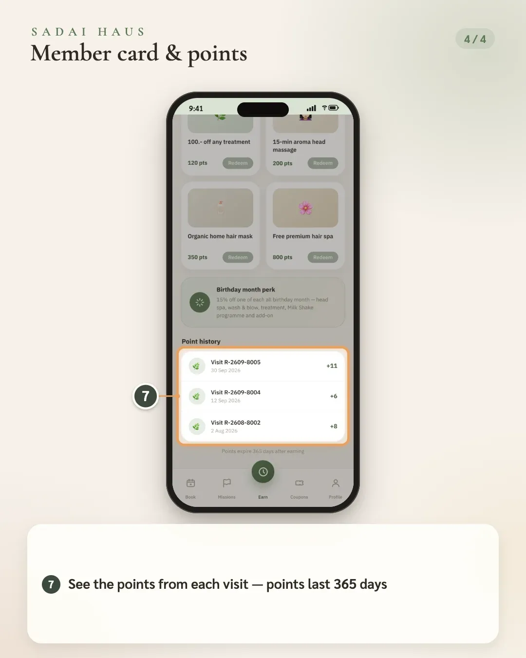 Member card & points — Step 7: See the points from each visit — points last 365 days