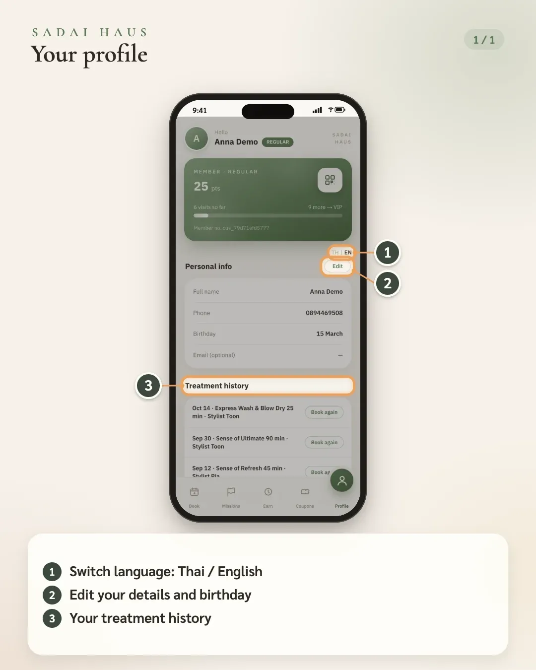 Your profile — Step 1–3: Switch language: Thai / English · Edit your details and birthday · Your treatment history